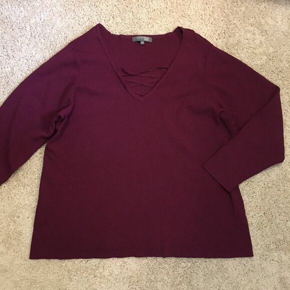 Merlot Red Cross Tie V-Neck Knit Sweater Top - Picture 10 of 14